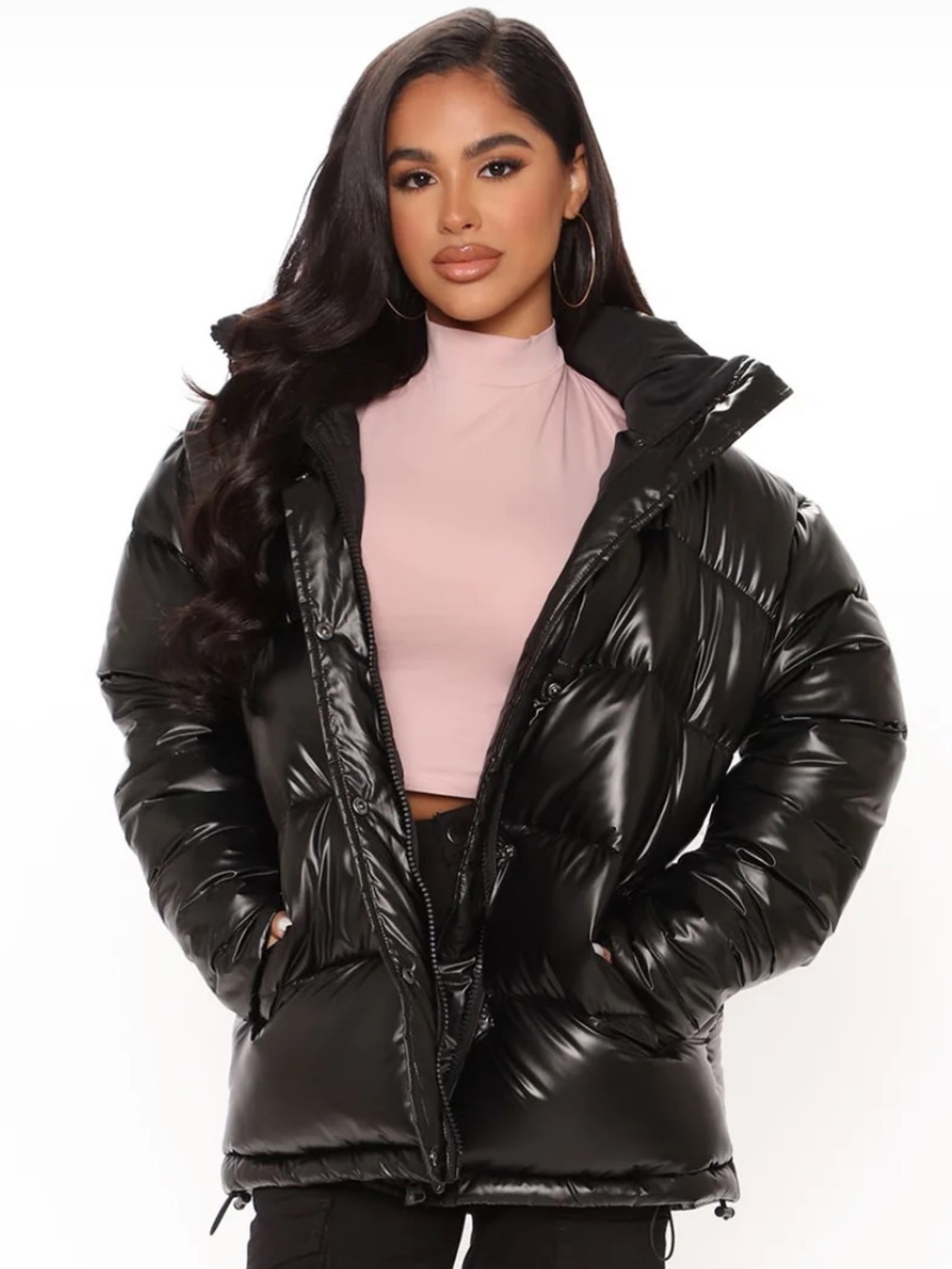 Fashion Nova Shiny Black Oversized Puffer Jacket